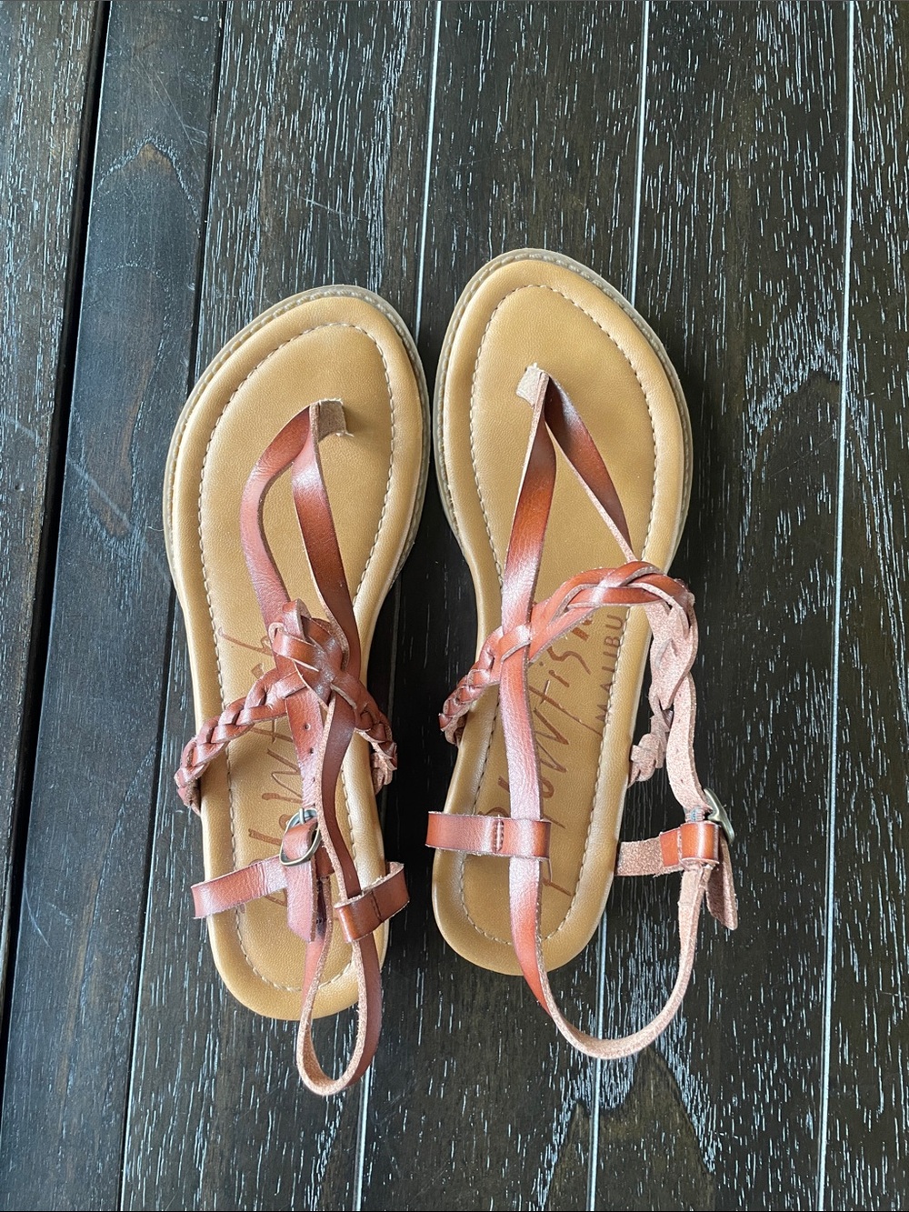 Blowfish Braided T-Strap Sandals in Brown and Tan